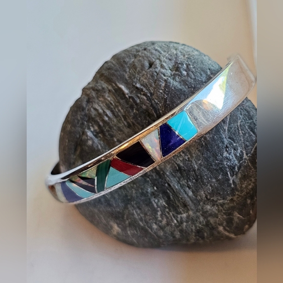 Navajo sterling silver, multi stone inlay cuff. Artist: Steve Fransico (SF) EUC - Picture 5 of 15